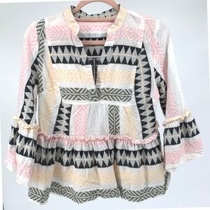 Mi Ami Womens Small Cotton Boho Geometric Bell Sleeve Peasant Top